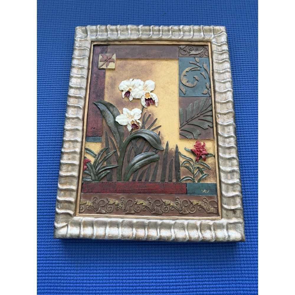 "Orchid" original plank Antique Wood Relief decorate Carving 3D, Artist 'Viv'